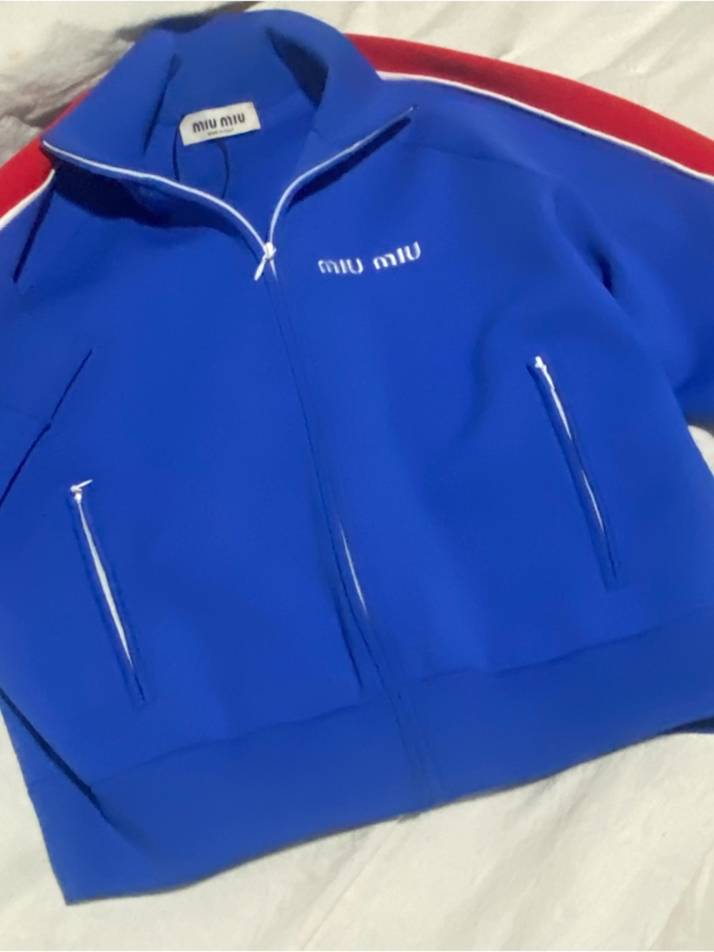 Miu Miu Bright Blue Zip-Front Track Jacket with Red Sleeve Stripe